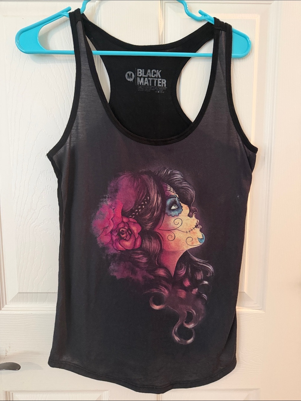 Black Matter Black Racerback Tank with Purple-Pink Sugar Skull Art